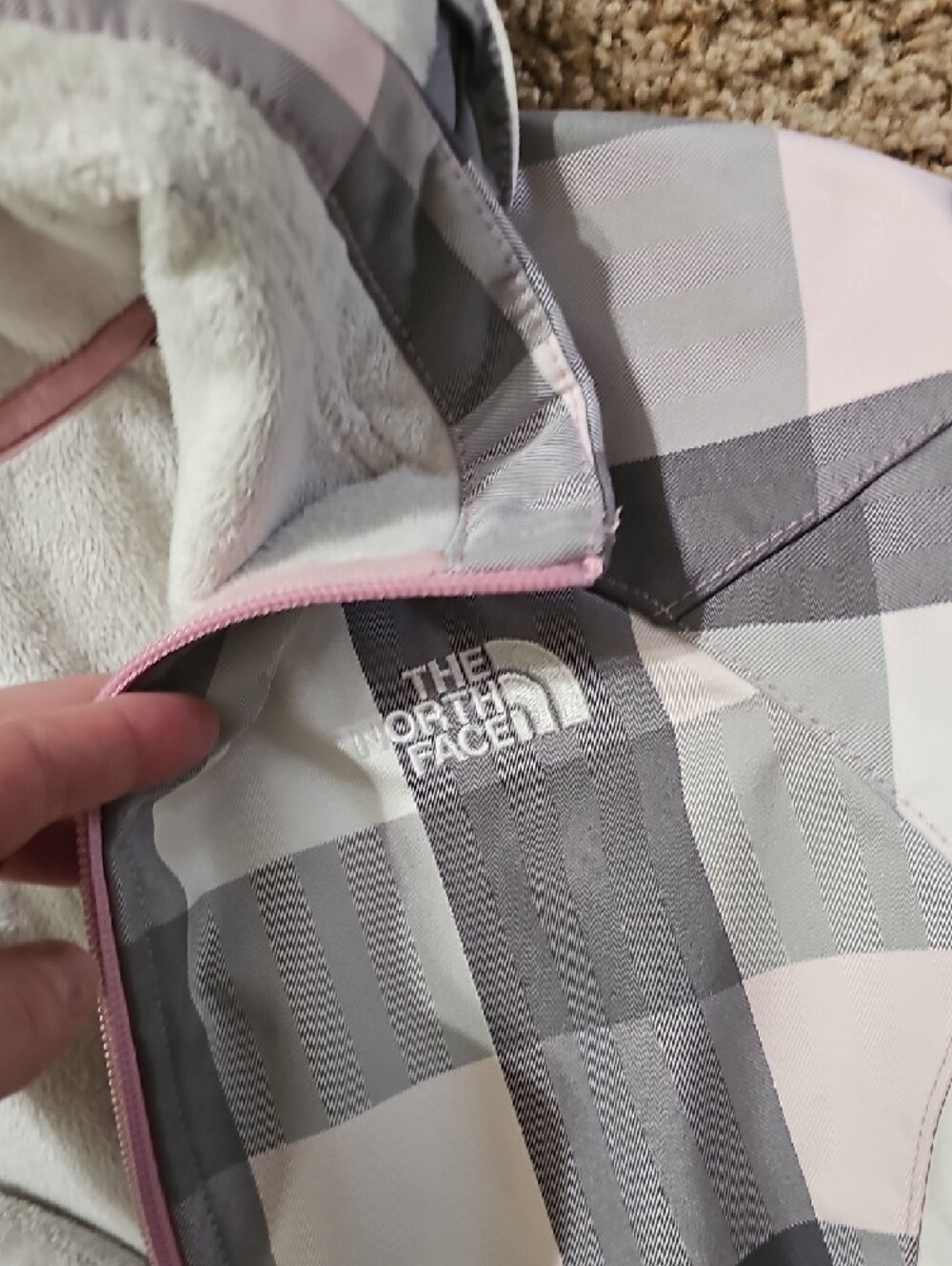 The North Face Pink, Gray & White Plaid Fleece Lined Jacket - Picture 2 of 3
